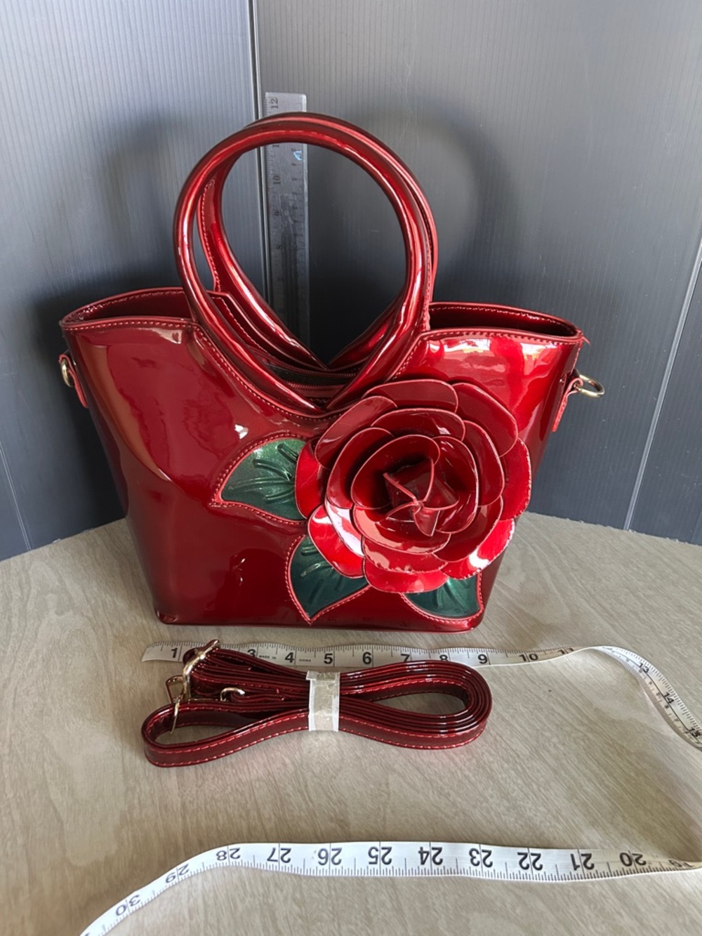 Red Patent Floral Rose Applique Shoulder Bag with Top Handles